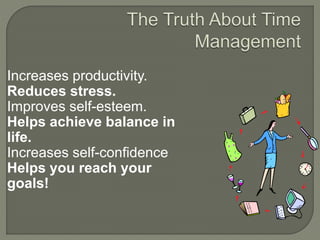 Increases productivity.
Reduces stress.
Improves self-esteem.
Helps achieve balance in
life.
Increases self-confidence
Helps you reach your
goals!
 