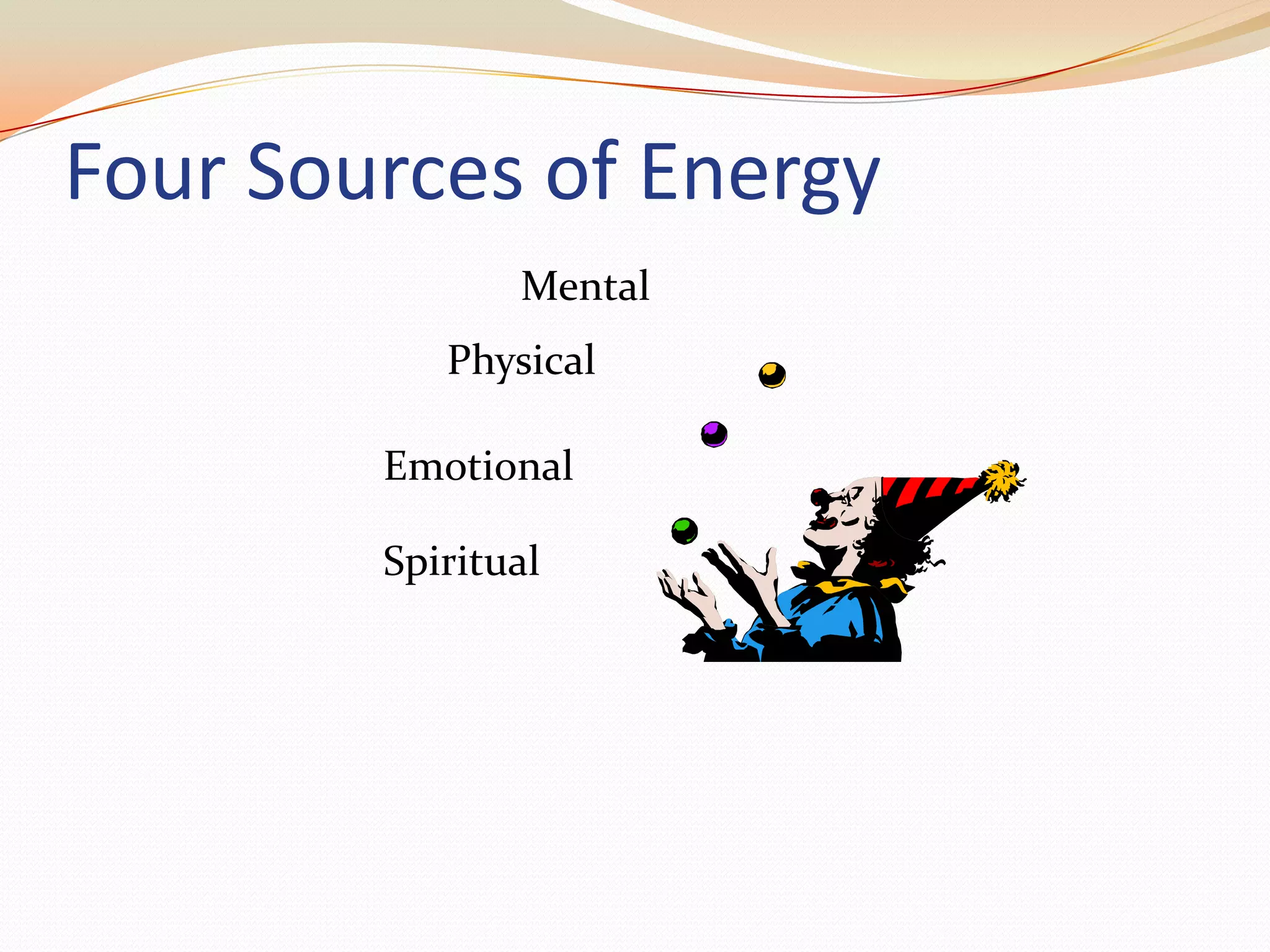 Four Sources of EnergyMentalPhysicalEmotionalSpiritual