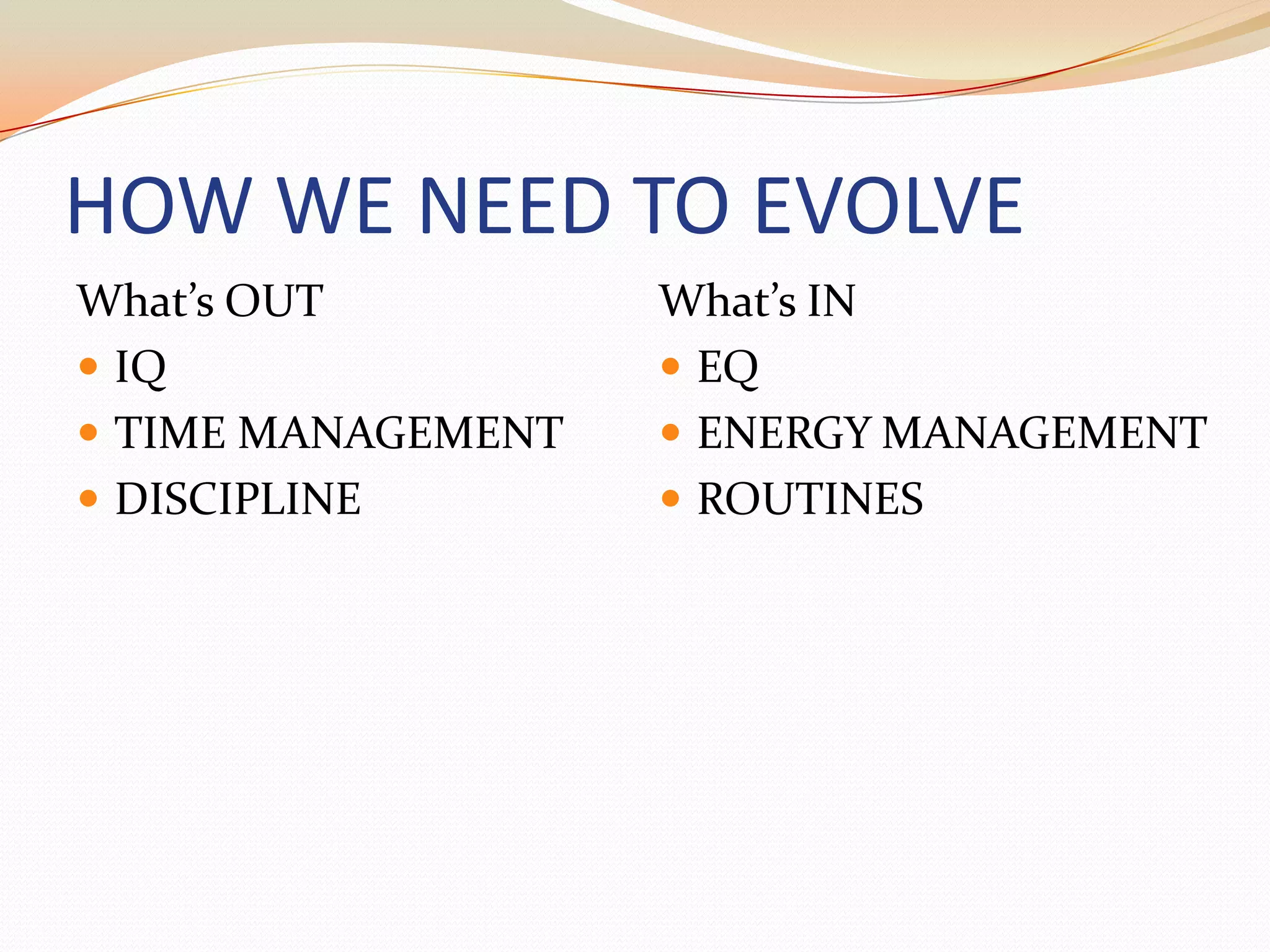 HOW WE NEED TO EVOLVEWhat’s OUTIQ 	TIME MANAGEMENTDISCIPLINEWhat’s INEQENERGY MANAGEMENT ROUTINES