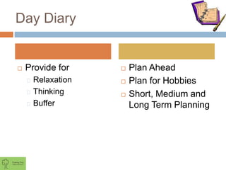 Day Diary
 Provide for
Relaxation
Thinking
Buffer
 Plan Ahead
 Plan for Hobbies
 Short, Medium and
Long Term Planning
 