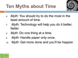 Ten Myths about Time
6. Myth: You should try to do the most in the
least amount of time.
7. Myth: Technology will help you do it better,
faster.
8. Myth: Do one thing at a time.
9. Myth: Handle paper only once.
10. Myth: Get more done and you’ll be happier.
 