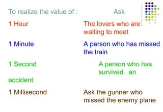 To realize the value of : Ask
1 Hour The lovers who are
waiting to meet
1 Minute A person who has missed
the train
1 Second A person who has
survived an
accident
1 Millisecond Ask the gunner who
missed the enemy plane
 
