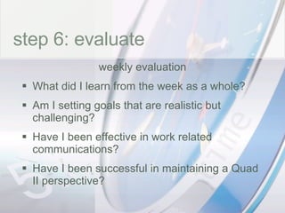 time step 6: evaluate weekly evaluation What did I learn from the week as a whole? Am I setting goals that are realistic but challenging? Have I been effective in work related communications? Have I been successful in maintaining a Quad II perspective? 