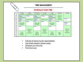 TIME MANAGEMENT
SCHEDULE YOUR TIME
• Indicate all extracurricular responsibilities
• Use breaks between classes wisely
• Schedule your free time
• Find time to eat
 