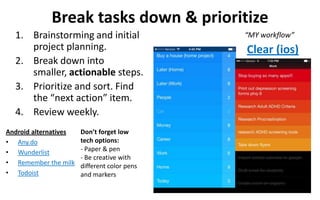 Break tasks down & prioritize
1. Brainstorming and initial
project planning.
2. Break down into
smaller, actionable steps....