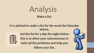 Analysis
Make a list.
It is advised to make a list for the week the Saturday
before,
And the list for a day the night before.
this is to allow your subconscious to
solve all the problems and help you
follow your list.
 