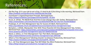 References:
• Eat the Frog. If it's your job to eat a frog, it's best to do it first thing in the morning, Retrieved from:
https://todoist.com/productivity-methods/eat-the-frog
• Eisenhower's Urgent/Important Principle, Retrieved from:
https://www.mindtools.com/pages/article/newHTE_91.htm
• Kruse, K. (2016). The 80/20 Rule And How It Can Change Your Life. Forbes. Retrieved from:
https://www.forbes.com/sites/kevinkruse/2016/03/07/80-20-rule/?sh=7b1d47993814
• Pradeepa, H. 25 Time Management Tips For Success At Work, Retrieved from:
https://quickbooks.intuit.com/global/resources/reports/time-management-tips/
• Rempton, J. (2018), Manipulate Time With These Powerful 20 Time Management Tips, Forbes.
Retrieved from: https://www.forbes.com/sites/johnrampton/2018/05/01/manipulate-time-with-
these-powerful-20-time-management-tips/?sh=5b4d37c057ab
• Ward, S. (2021), 11 Time Management Tips That Work, Retrieved from:
https://www.thebalancesmb.com/time-management-tips-2947336
• What Is Time Management? Working Smarter to Enhance Productivity, Retrieved from:
https://www.mindtools.com/pages/article/newHTE_00.htm
• Ye, L. 16 Time Management Apps That Will Make You More Productive, Retrieved from:
https://blog.hubspot.com/sales/time-management-apps
 