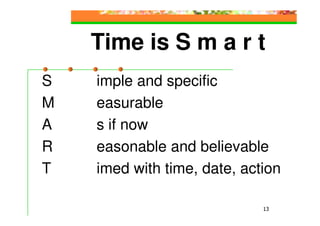 Time is S m a r t
S   imple and specific
M   easurable
A   s if now
R   easonable and believable
T   imed with time, date, action

                             13
 
