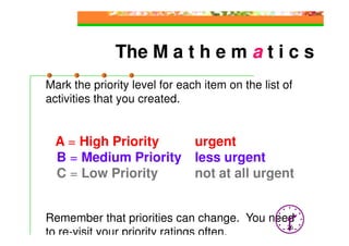 The M a t h e m a t i c s
Mark the priority level for each item on the list of
activities that you created.


  A = High Priority            urgent
  B = Medium Priority          less urgent
  C = Low Priority             not at all urgent


Remember that priorities can change. You need
                                            26
to re-visit your priority ratings often.
 