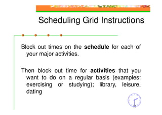 Scheduling Grid Instructions


Block out times on the schedule for each of
  your major activities.

Then block out time for activities that you
  want to do on a regular basis (examples:
  exercising or studying); library, leisure,
  dating

                                         30
 