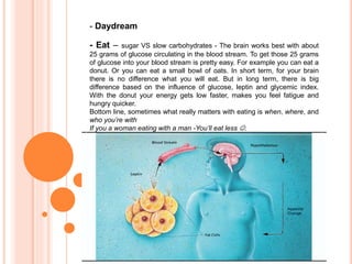 - Daydream 
- Eat – sugar VS slow carbohydrates - The brain works best with about 
25 grams of glucose circulating in the ...