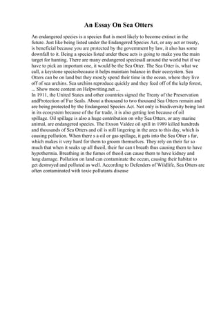 An Essay On Sea Otters
An endangered species is a species that is most likely to become extinct in the
future. Just like being listed under the Endangered Species Act, or any act or treaty,
is beneficial because you are protected by the government by law, it also has some
downfall to it. Being a species listed under these acts is going to make you the main
target for hunting. There are many endangered speciesall around the world but if we
have to pick an important one, it would be the Sea Otter. The Sea Otter is, what we
call, a keystone speciesbecause it helps maintain balance in their ecosystem. Sea
Otters can be on land but they mostly spend their time in the ocean, where they live
off of sea urchins. Sea urchins reproduce quickly and they feed off of the kelp forest,
... Show more content on Helpwriting.net ...
In 1911, the United States and other countries signed the Treaty of the Preservation
andProtection of Fur Seals. About a thousand to two thousand Sea Otters remain and
are being protected by the Endangered Species Act. Not only is biodiversity being lost
in its ecosystem because of the fur trade, it is also getting lost because of oil
spillage. Oil spillage is also a huge contribution on why Sea Otters, or any marine
animal, are endangered species. The Exxon Valdez oil spill in 1989 killed hundreds
and thousands of Sea Otters and oil is still lingering in the area to this day, which is
causing pollution. When there s a oil or gas spillage, it gets into the Sea Otter s fur,
which makes it very hard for them to groom themselves. They rely on their fur so
much that when it soaks up all theoil, their fur can t breath thus causing them to have
hypothermia. Breathing in the fumes of theoil can cause them to have kidney and
lung damage. Pollution on land can contaminate the ocean, causing their habitat to
get destroyed and polluted as well. According to Defenders of Wildlife, Sea Otters are
often contaminated with toxic pollutants disease
 