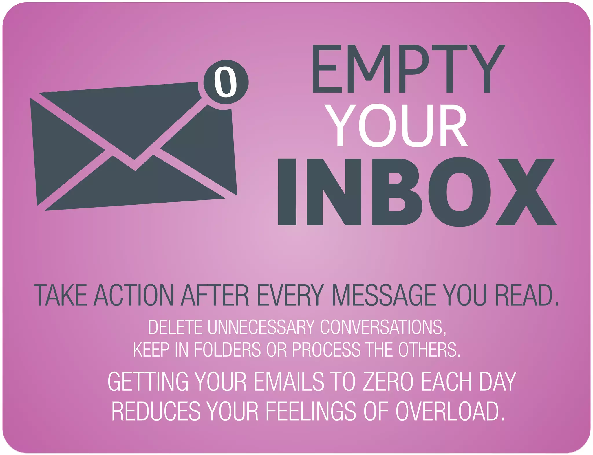 0 EMPTY
DELETE UNNECESSARY CONVERSATIONS,
KEEP IN FOLDERS OR PROCESS THE OTHERS.
TAKE ACTION AFTER EVERY MESSAGE YOU READ.
INBOX
YOUR
GETTING YOUR EMAILS TO ZERO EACH DAY
REDUCES YOUR FEELINGS OF OVERLOAD.
 
