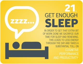 zzzz...
GET ENOUGH
SLEEP
21.
IN ORDER TO GET THAT EXTRA BIT
OF WORK DONE WE SACRIFICE OUR
TIME FOR SLEEP AND RENEWING.
THIS LEADS TO LESS ENERGY
THROUGH THE DAY AND TAKES A
SUBSTANTIAL TOLL ON
.
COGNITIVE
PERFORMANCE
AND PRODUCTIVITY
 