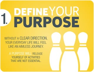 DEFINE
PURPOSE
YOUR
WITHOUT A ,
YOUR EVERYDAY LIFE WILL FEEL
LIKE AN AIMLESS JOURNEY.
CLEAR DIRECTION
1.
A PURPOSE WILL
YOURSELF OF ACTIVITIES
THAT ARE NOT ESSENTIAL.
RELEASE
 