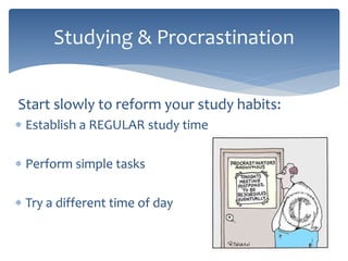 Start slowly to reform your study habits:
 Establish a REGULAR study time
 Perform simple tasks
 Try a different time of day
Studying & Procrastination
 