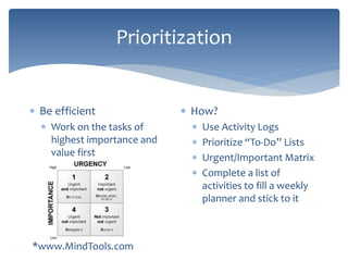 Prioritization
 Be efficient
 Work on the tasks of
highest importance and
value first
 How?
 Use Activity Logs
 Prioritize “To-Do” Lists
 Urgent/Important Matrix
 Complete a list of
activities to fill a weekly
planner and stick to it
*www.MindTools.com
 
