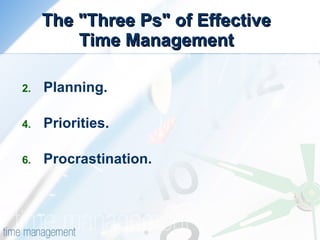 The "Three Ps" of Effective  Time Management  Planning.  Priorities.  Procrastination.  