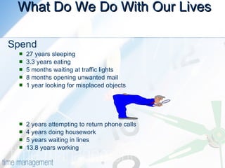 What Do We Do With Our Lives Spend  27 years sleeping 3.3 years eating 5 months waiting at traffic lights 8 months opening unwanted mail 1 year looking for misplaced objects 2 years attempting to return phone calls 4 years doing housework 5 years waiting in lines 13.8 years working 