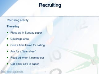 Recruiting   Recruiting activity: Thursday Place ad in Sunday paper Coverage area Give a time frame for calling Ask for a “tear sheet” Read ad when it comes out Call other ad’s in paper 