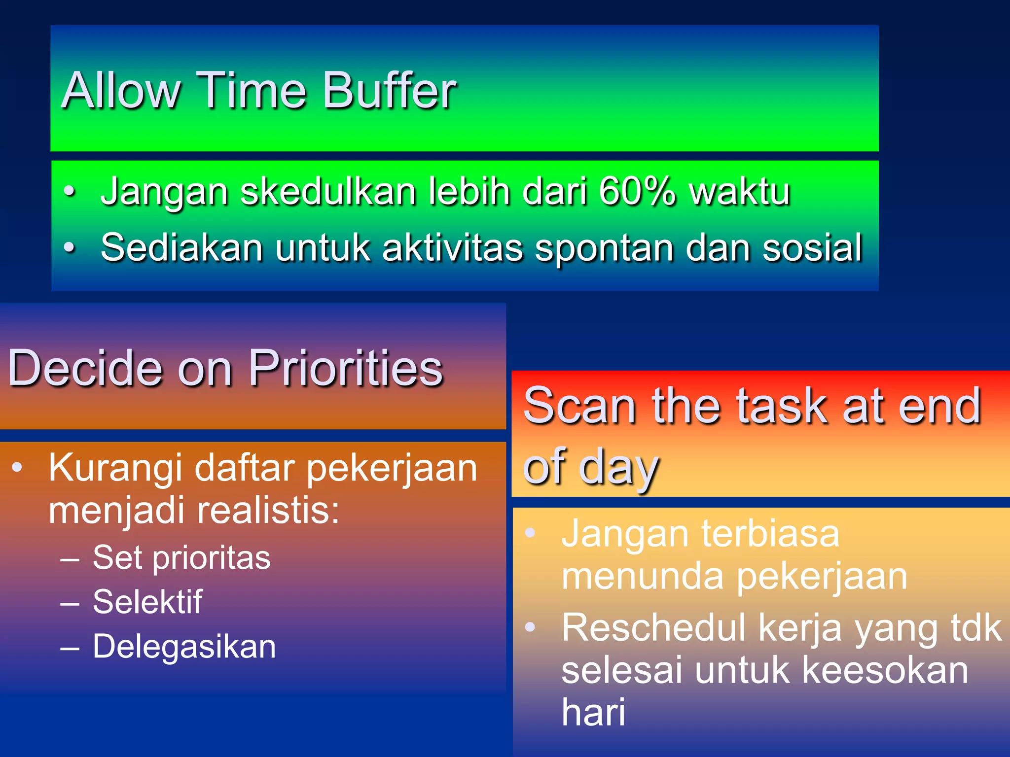 Allow Time Buffer
  • Jangan skedulkan lebih dari 60% waktu
  • Sediakan untuk aktivitas spontan dan sosial


Decide on Priorities
                             Scan the task at end
• Kurangi daftar pekerjaan   of day
  menjadi realistis:
                             • Jangan terbiasa
  – Set prioritas
                               menunda pekerjaan
  – Selektif
  – Delegasikan
                             • Reschedul kerja yang tdk
                               selesai untuk keesokan
                               hari
 