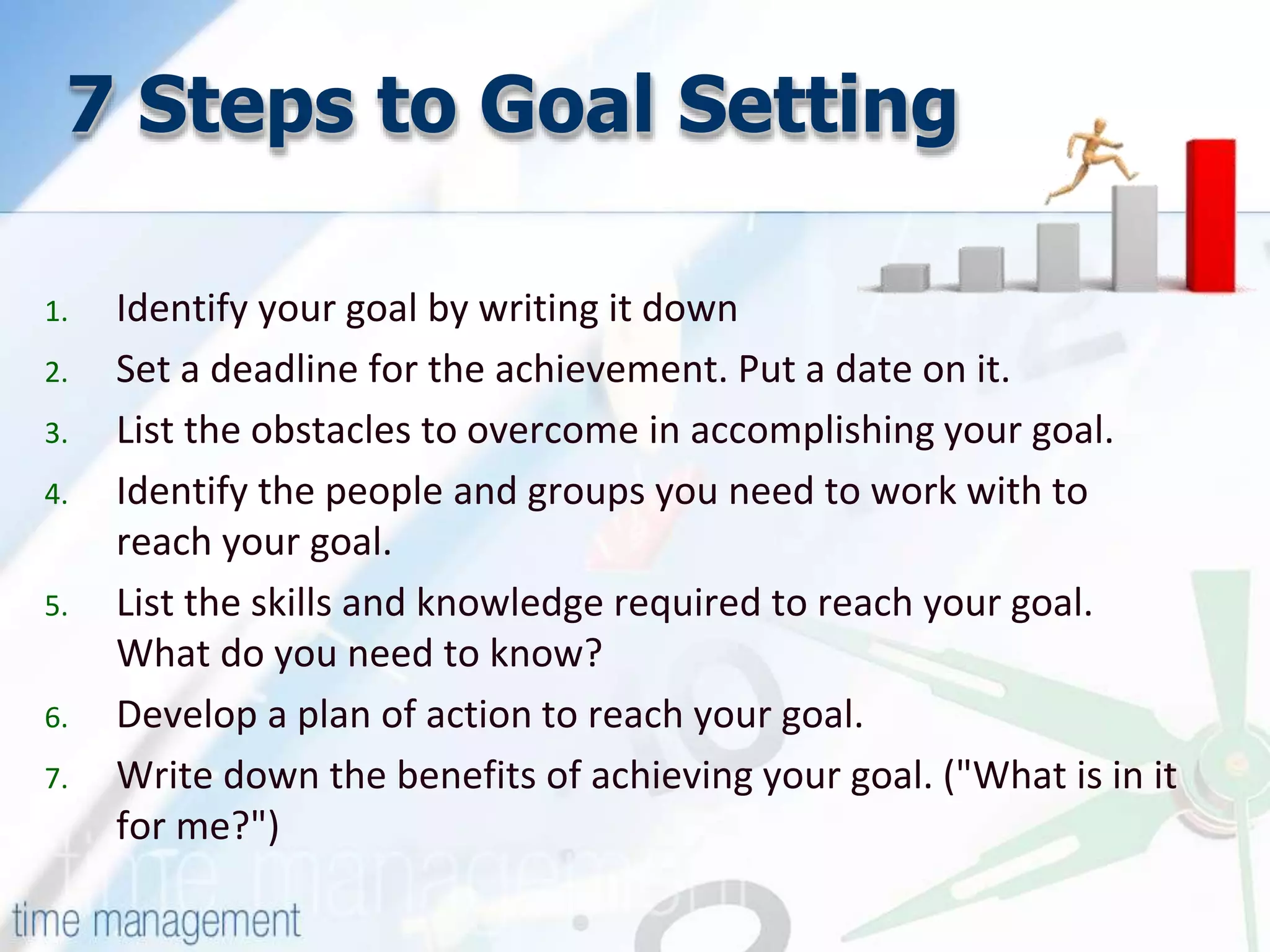7 Steps to Goal Setting
1. Identify your goal by writing it down
2. Set a deadline for the achievement. Put a date on it.
3. List the obstacles to overcome in accomplishing your goal.
4. Identify the people and groups you need to work with to
reach your goal.
5. List the skills and knowledge required to reach your goal.
What do you need to know?
6. Develop a plan of action to reach your goal.
7. Write down the benefits of achieving your goal. ("What is in it
for me?")