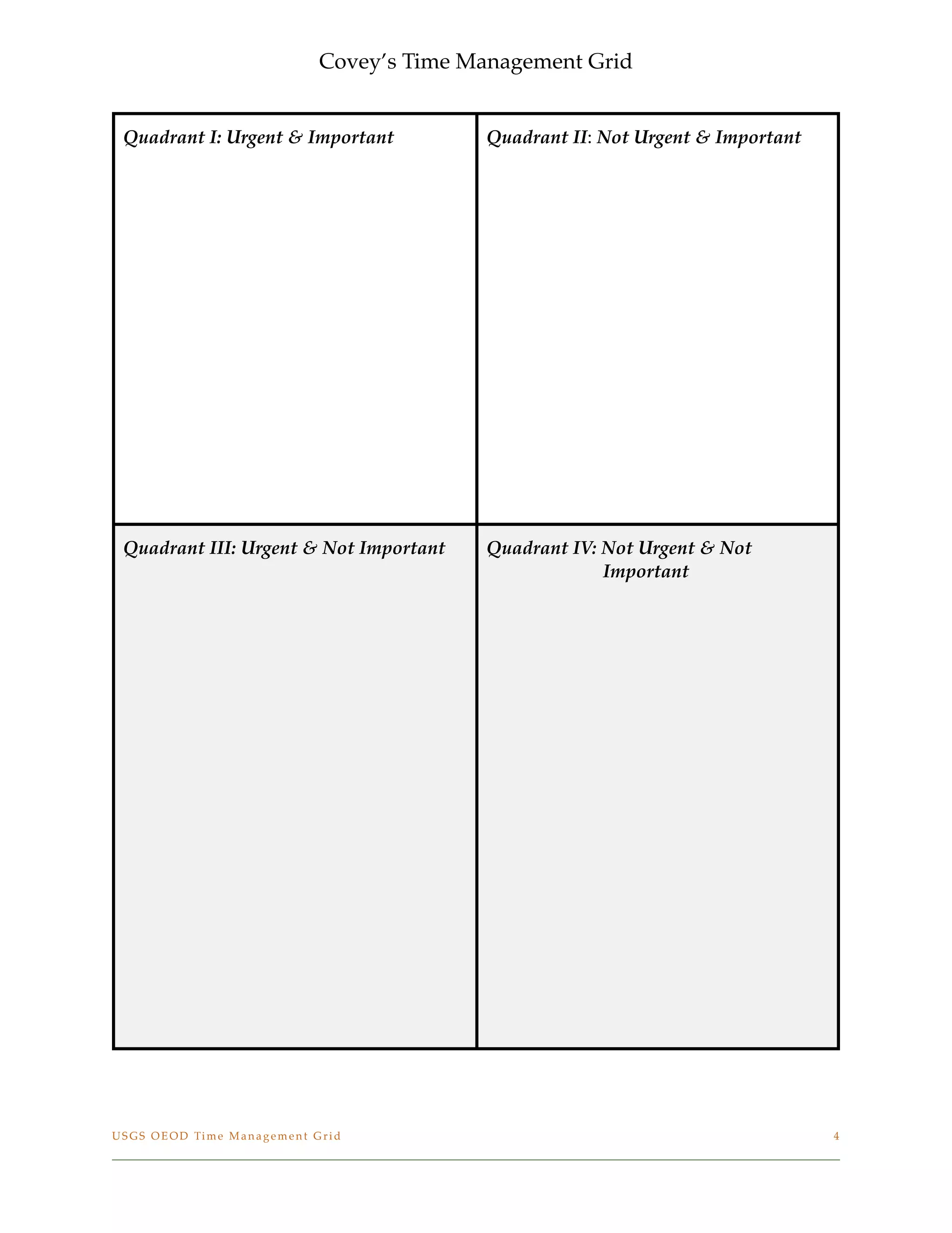 Covey’s Time Management Grid

Quadrant I: Urgent & Important Quadrant II: Not Urgent & Important
Quadrant III: Urgent & Not Important Quadrant IV: Not Urgent & Not
Important
USGS OEOD Time Management Grid
 4
 