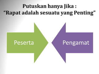 Putuskan hanya Jika :
“Rapat adalah sesuatu yang Penting”
Peserta Pengamat
 