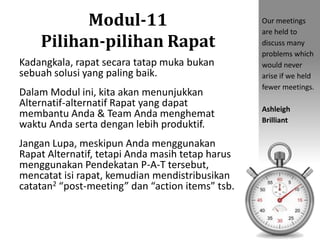 Modul-11
Pilihan-pilihan Rapat
Kadangkala, rapat secara tatap muka bukan
sebuah solusi yang paling baik.
Dalam Modul ini, kita akan menunjukkan
Alternatif-alternatif Rapat yang dapat
membantu Anda & Team Anda menghemat
waktu Anda serta dengan lebih produktif.
Jangan Lupa, meskipun Anda menggunakan
Rapat Alternatif, tetapi Anda masih tetap harus
menggunakan Pendekatan P-A-T tersebut,
mencatat isi rapat, kemudian mendistribusikan
catatan2 “post-meeting” dan “action items” tsb.
Our meetings
are held to
discuss many
problems which
would never
arise if we held
fewer meetings.
Ashleigh
Brilliant
 
