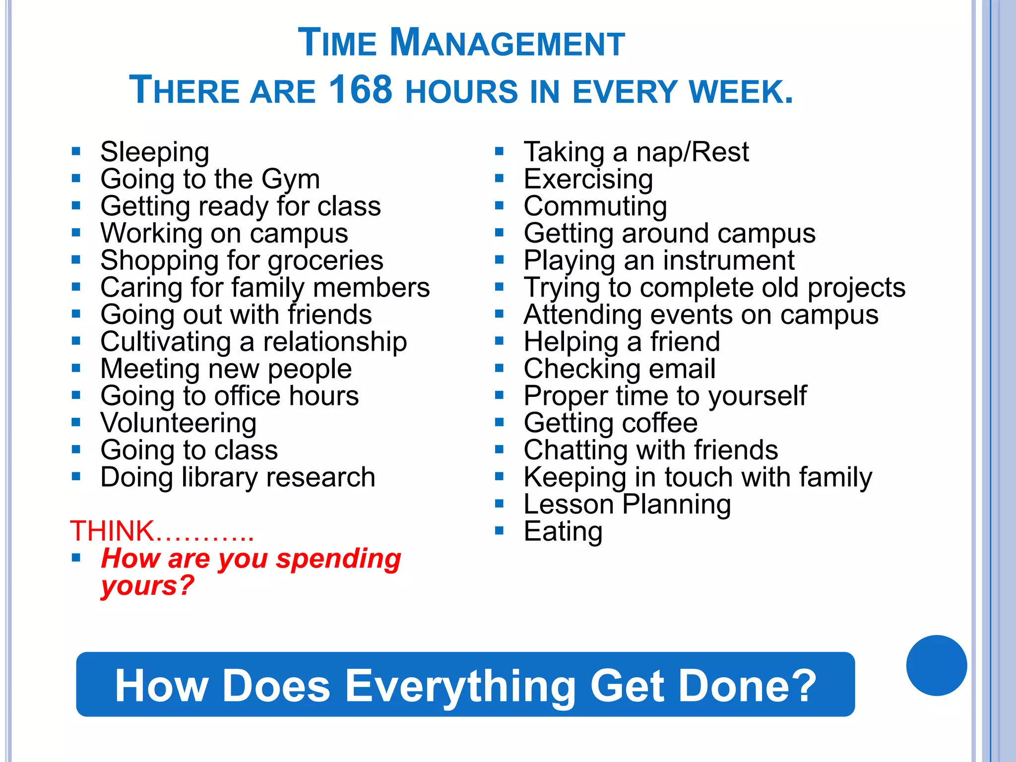 TIME MANAGEMENT
THERE ARE 168 HOURS IN EVERY WEEK.
 Sleeping
 Going to the Gym
 Getting ready for class
 Working on campus
 Shopping for groceries
 Caring for family members
 Going out with friends
 Cultivating a relationship
 Meeting new people
 Going to office hours
 Volunteering
 Going to class
 Doing library research
THINK………..
 How are you spending
yours?
 Taking a nap/Rest
 Exercising
 Commuting
 Getting around campus
 Playing an instrument
 Trying to complete old projects
 Attending events on campus
 Helping a friend
 Checking email
 Proper time to yourself
 Getting coffee
 Chatting with friends
 Keeping in touch with family
 Lesson Planning
 Eating
How Does Everything Get Done?
 
