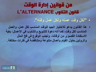 •"‫وقته‬ ‫عمل‬ ‫ولكل‬ ‫عمله‬ ‫وقت‬ ‫لكل‬."
•‫والع‬ ،‫عمل‬ ‫لكل‬ ‫المناسب‬ ‫للوقت‬ ‫الجيد‬ ‫لالختيار‬ ‫يدعو‬ ‫القانون‬ ‫هذا‬‫مل‬
،‫األعمال‬ ‫في‬ ‫والتناوب‬ ‫للتنويع‬ ‫دعوة‬ ‫أنه‬ ‫كما‬ ،‫وقت‬ ‫لكل‬ ‫المناسب‬‫بغية‬
‫الملل‬ ‫فخ‬ ‫في‬ ‫الوقوع‬ ‫وتجنب‬ ،‫أوقاتنا‬ ‫من‬ ‫القصوى‬ ‫االستفادة‬
‫والروتين‬.‫مخ‬ ‫فترات‬ ‫في‬ ‫ومتناقضة‬ ‫متنوعة‬ ‫بأعمال‬ ‫القيام‬ ‫حاول‬‫تلفة‬.
118/126
‫المحتويات‬ ‫قائمة‬
 