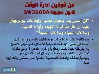 •"‫بيولوج‬ ‫وإيقاعات‬ ‫نفسية‬ ‫بأحوال‬ ‫يمر‬ ‫إنسان‬ ‫كل‬‫ية‬.
،‫السيئة‬ ‫وأيامه‬ ‫الجيدة‬ ‫أيامه‬ ‫منا‬ ‫لكل‬ ‫أن‬ ‫حيث‬
‫السيئة‬ ‫وساعاته‬ ‫الجيدة‬ ‫وساعاته‬”
•‫خالل‬ ‫من‬ ‫النمساوي‬ ‫الطبيب‬ ‫لسوبودا‬ ‫المنطلق‬ ‫كانت‬ ‫الفكرة‬ ‫هذه‬
‫ا‬ ‫تجعل‬ ‫التي‬ ،‫لإلنسان‬ ‫اإلحيائية‬ ‫اإليقاعات‬ ‫تحليل‬ ‫في‬ ‫أبحاثه‬‫إلنسان‬
‫متدهورة‬ ‫وأخرى‬ ‫ومعنويا‬ ‫نفسيا‬ ‫جيدة‬ ‫بمرحلة‬ ‫يمر‬.‫مقارنة‬ ‫وهي‬
‫معها‬ ‫التعامل‬ ‫قصد‬ ‫األحوال‬ ‫هذه‬ ‫ومعرفة‬ ‫اكتشاف‬ ‫على‬ ‫تحث‬
‫بإيجابية‬.‫تستثم‬ ‫حتى‬ ‫الداخلية‬ ‫الشخصية‬ ‫إيقاعاتك‬ ‫اكتشف‬‫فيها‬ ‫وقتك‬ ‫ر‬
‫جيدا‬.
119/126
‫المحتويات‬ ‫قائمة‬
 