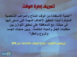 ”‫الشخص‬ ‫والمواهب‬ ‫المتاح‬ ‫الوقت‬ ‫من‬ ‫االستفادة‬ ‫عملية‬‫ية‬
‫نسعى‬ ‫التي‬ ‫المهمة‬ ‫األهداف‬ ‫لتحقيق‬ ‫لدينا؛‬ ‫المتوفرة‬‫إليها‬
‫بين‬ ‫التوازن‬ ‫تحقيق‬ ‫على‬ ‫المحافظة‬ ‫مع‬ ،‫حياتنا‬ ‫في‬
‫الجسد‬ ‫حاجات‬ ‫وبين‬ ،‫الخاصة‬ ‫والحياة‬ ‫العمل‬ ‫متطلبات‬
‫والعقل‬ ‫والروح‬“
‫القعيد‬ ‫إبراهيم‬–‫الوقت‬ ‫إدارة‬(1422‫هـ‬)‫ص‬295
20/126
‫المحتويات‬ ‫قائمة‬
 