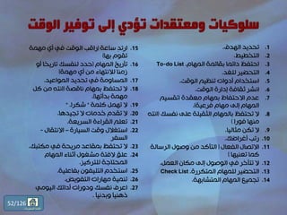 .1‫الهدف‬ ‫تحديد‬.
.2‫التخطيط‬.
.3‫المهام‬ ‫بقائمة‬ ‫دائما‬ ‫احتفظ‬To-do List .
.4‫للغد‬ ‫التحضير‬.
.5‫الوقت‬ ‫تنظيم‬ ‫أدوات‬ ‫استخدام‬.
.6‫الوقت‬ ‫إدارة‬ ‫ثقافة‬ ‫انشر‬.
.7‫معقدة‬ ‫بمهام‬ ‫االحتفاظ‬ ‫عدم‬(‫تقسيم‬
‫فرعية‬ ‫مهام‬ ‫إلى‬ ‫المهام‬).
.8‫نفسك‬ ‫على‬ ‫الثقيلة‬ ‫بالمهام‬ ‫تحتفظ‬ ‫ال‬(‫انته‬
‫فورا‬ ‫منها‬(
.9‫مثاليا‬ ‫تكن‬ ‫ال‬.
.10‫أغراضك‬ ‫رتب‬.
.11‫الفعال‬ ‫االتصال‬(‫الرسال‬ ‫وصول‬ ‫من‬ ‫التأكد‬‫ة‬
‫تعنيها‬ ‫كما‬)
.12‫العمل‬ ‫مكان‬ ‫إلى‬ ‫الوصول‬ ‫في‬ ‫تتأخر‬ ‫ال‬.
.13‫المتكررة‬ ‫للمهام‬ ‫التحضير‬Check List .
.14‫المتشابهة‬ ‫المهام‬ ‫تجميع‬.
.15‫ساعة‬ ِ‫د‬‫ارت‬(‫مهمة‬ ‫أي‬ ‫في‬ ‫الوقت‬ ‫راقب‬
‫بها‬ ‫تقوم‬(
.16‫المهام‬ ‫تأريخ‬(‫أو‬ ‫تاريخا‬ ‫لنفسك‬ ‫حدد‬
‫مهمة‬ ‫أي‬ ‫من‬ ‫لالنتهاء‬ ‫زمنا‬)
.17‫المواعيد‬ ‫تحديد‬ ‫في‬ ‫المساومة‬.
.18‫ناقصة‬ ‫بمهام‬ ‫تحتفظ‬ ‫ال‬(‫كل‬ ‫من‬ ِ‫ه‬‫انت‬
‫بدأتها‬ ‫مهمة‬.(
.19‫كلمة‬ ‫تهمل‬ ‫ال‬”‫شكرا‬“ .
.20‫تجيدها‬ ‫ال‬ ‫خدمات‬ ‫تقدم‬ ‫ال‬.
.21‫السريعة‬ ‫القراءة‬ ‫تعلم‬.
.22‫السيارة‬ ‫وقت‬ ‫استغالل‬–‫االنتقال‬-
‫السفر‬
.23‫مكتبك‬ ‫في‬ ‫مريحة‬ ‫بمقاعد‬ ‫تحتفظ‬ ‫ال‬.
.24‫مشغول‬ ‫الفتة‬ ‫علق‬‫أثنا‬‫المهام‬ ‫ء‬
‫للتركيز‬ ‫المحتاجة‬.
.25‫بفاعلية‬ ‫التليفون‬ ‫استخدم‬.
.26‫تنمية‬‫التفويض‬ ‫مهارات‬.
.27‫ا‬‫اليومي‬ ‫أدائك‬ ‫ودورات‬ ‫نفسك‬ ‫عرف‬
ً‫ا‬‫وبدني‬ ً‫ا‬‫ذهني‬.
52/126
‫المحتويات‬ ‫قائمة‬
 