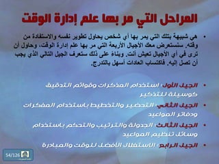 •‫واالستفا‬ ‫نفسه‬ ‫تطوير‬ ‫يحاول‬ ‫شخص‬ ‫أي‬ ‫بها‬ ‫يمر‬ ‫التي‬ ‫بتلك‬ ‫شبيهة‬ ‫هي‬‫من‬ ‫دة‬
‫وقته‬.‫وحاو‬ ،‫الوقت‬ ‫إدارة‬ ‫علم‬ ‫بها‬ ‫مر‬ ‫التي‬ ‫األربعة‬ ‫األجيال‬ ‫معك‬ ‫سنستعرض‬‫أن‬ ‫ل‬
‫أنت‬ ‫تعيش‬ ‫األجيال‬ ‫أي‬ ‫في‬ ‫ترى‬.‫ا‬ ‫التالي‬ ‫الجيل‬ ‫ستعرف‬ ‫ذلك‬ ‫على‬ ً‫ء‬‫وبنا‬‫يجب‬ ‫لذي‬
‫إليه‬ ‫تصل‬ ‫أن‬.‫بالتدرج‬ ‫أسهل‬ ‫العادات‬ ‫فاكتساب‬.
•‫األول‬ ‫الجيل‬:‫التدقيق‬ ‫وقوائم‬ ‫المذكرات‬ ‫استخدام‬
‫للتذكير‬ ‫كوسيلة‬
•‫الثاني‬ ‫الجيل‬:‫المفكرات‬ ‫باستخدام‬ ‫والتخطيط‬ ‫التحضير‬
‫المواعيد‬ ‫ودفاتر‬
•‫الثالث‬ ‫الجيل‬:‫باستخدام‬ ‫والتحكم‬ ‫والترتيب‬ ‫الجدولة‬
‫المواعيد‬ ‫تنظيم‬ ‫وسائل‬
•‫الرابع‬ ‫الجيل‬:‫والمبادرة‬ ‫للوقت‬ ‫األفضل‬ ‫االستغالل‬
54/126
‫المحتويات‬ ‫قائمة‬
 