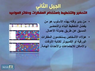 •‫من‬ ‫هو‬ ‫األسلوب‬ ‫بهذه‬ ‫وقته‬ ‫يدير‬ ‫من‬
‫والتحضير‬ ‫البناء‬ ‫التخطيط‬ ‫يفضل‬
‫األعمال‬ ‫جدولة‬ ‫طريق‬ ‫عن‬ ‫المسبق‬.
•‫المفكرات‬ ‫يستخدمون‬ ‫األشخاص‬ ‫هؤالء‬
‫األوقا‬ ‫لكتابة‬ ‫الكمبيوتر‬ ‫أو‬ ‫الورقية‬‫ت‬
‫الهامة‬ ‫واألحداث‬ ‫لالجتماعات‬ ‫واألماكن‬.
56/126
‫المحتويات‬ ‫قائمة‬
 