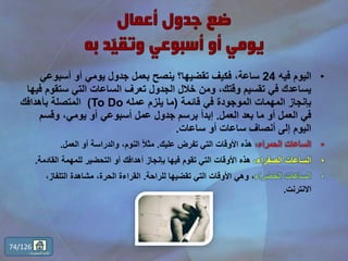 •‫فيه‬ ‫اليوم‬24،‫ساعة‬‫أسبوعي‬ ‫أو‬ ‫يومي‬ ‫جدول‬ ‫بعمل‬ ‫ينصح‬ ‫تقضيها؟‬ ‫فكيف‬
‫ستقو‬ ‫التي‬ ‫الساعات‬ ‫تعرف‬ ‫الجدول‬ ‫خالل‬ ‫ومن‬ ،‫وقتك‬ ‫تقسيم‬ ‫في‬ ‫يساعدك‬‫فيها‬ ‫م‬
‫قائمة‬ ‫في‬ ‫الموجودة‬ ‫المهمات‬ ‫بإنجاز‬(‫عمله‬ ‫يلزم‬ ‫ما‬To Do)‫بأهدافك‬ ‫المتصلة‬
‫العمل‬ ‫بعد‬ ‫ما‬ ‫أو‬ ‫العمل‬ ‫في‬.‫وقسم‬ ،‫يومي‬ ‫أو‬ ‫أسبوعي‬ ‫عمل‬ ‫جدول‬ ‫برسم‬ ‫إبدأ‬
‫ساعات‬ ‫أو‬ ‫ساعات‬ ‫أنصاف‬ ‫إلى‬ ‫اليوم‬.
•،‫الحمراء‬ ‫الساعات‬‫عليك‬ ‫تفرض‬ ‫التي‬ ‫األوقات‬ ‫هذه‬.‫العمل‬ ‫أو‬ ‫والدراسة‬ ،‫النوم‬ ً‫ال‬‫مث‬.
•،‫الصفراء‬ ‫الساعات‬‫القاد‬ ‫للمهمة‬ ‫التحضير‬ ‫أو‬ ‫أهدافك‬ ‫بإنجاز‬ ‫فيها‬ ‫تقوم‬ ‫التي‬ ‫األوقات‬ ‫هذه‬‫مة‬.
•‫الخضراء‬ ‫الساعات‬‫للراحة‬ ‫تقضيها‬ ‫التي‬ ‫األوقات‬ ‫وهي‬ ،.،‫التلفاز‬ ‫مشاهدة‬ ،‫الحرة‬ ‫القراءة‬
‫االنترنت‬.
74/126
‫المحتويات‬ ‫قائمة‬
 