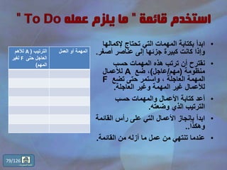 •‫إلكماله‬ ‫تحتاج‬ ‫التي‬ ‫المهمات‬ ‫بكتابة‬ ‫ابدأ‬‫ا‬
‫أصغ‬ ‫عناصر‬ ‫إلى‬ ‫جزئها‬ ‫كبيرة‬ ‫كانت‬ ‫وإذا‬‫ر‬.
•‫حسب‬ ‫المهمات‬ ‫هذه‬ ‫ترتب‬ ‫أن‬ ‫نقترح‬
‫منظومة‬(‫مهم‬/‫عاجل‬)‫ضع‬ ،A‫لألعمال‬
‫تضع‬ ‫حتى‬ ‫واستمر‬ ، ‫العاجلة‬ ‫المهمة‬F
‫العاجلة‬ ‫وغير‬ ‫المهمة‬ ‫غير‬ ‫لألعمال‬.
•‫حسب‬ ‫والمهمات‬ ‫األعمال‬ ‫كتابة‬ ‫أعد‬
‫وضعته‬ ‫الذي‬ ‫الترتيب‬.
•‫القائ‬ ‫رأس‬ ‫على‬ ‫التي‬ ‫األعمال‬ ‫بإنجاز‬ ‫ابدأ‬‫مة‬
‫وهكذا‬..
•‫القائمة‬ ‫من‬ ‫أزله‬ ‫ما‬ ‫عمل‬ ‫من‬ ‫تنتهي‬ ‫عندما‬.
79/126
‫المحتويات‬ ‫قائمة‬
‫الترتيب‬(A‫لألهم‬
‫حتى‬ ‫العاجل‬F‫لغير‬
‫المهم‬)
‫العمل‬ ‫أو‬ ‫المهمة‬
 