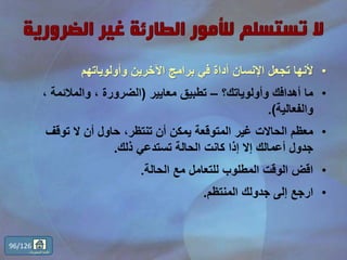 •‫وأولوياتهم‬ ‫اآلخرين‬ ‫برامج‬ ‫في‬ ‫أداة‬ ‫اإلنسان‬ ‫تجعل‬ ‫ألنها‬
•‫وأولوياتك؟‬ ‫أهدافك‬ ‫ما‬–‫معايير‬ ‫تطبيق‬(، ‫والمالئمة‬ ، ‫الضرورة‬
‫والفعالية‬.)
•‫توقف‬ ‫ال‬ ‫أن‬ ‫حاول‬ ،‫تنتظر‬ ‫أن‬ ‫يمكن‬ ‫المتوقعة‬ ‫غير‬ ‫الحاالت‬ ‫معظم‬
‫ذلك‬ ‫تستدعي‬ ‫الحالة‬ ‫كانت‬ ‫إذا‬ ‫إال‬ ‫أعمالك‬ ‫جدول‬.
•‫الحالة‬ ‫مع‬ ‫للتعامل‬ ‫المطلوب‬ ‫الوقت‬ ‫اقض‬.
•‫المنتظم‬ ‫جدولك‬ ‫إلى‬ ‫ارجع‬.
96/126
‫المحتويات‬ ‫قائمة‬
 