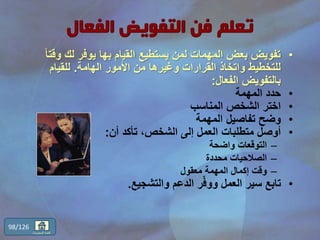 •‫لك‬ ‫يوفر‬ ‫بها‬ ‫القيام‬ ‫يستطيع‬ ‫لمن‬ ‫المهمات‬ ‫بعض‬ ‫تفويض‬ً‫ا‬‫وقت‬
‫الهامة‬ ‫األمور‬ ‫من‬ ‫وغيرها‬ ‫القرارات‬ ‫واتخاذ‬ ‫للتخطيط‬.‫للقيام‬
‫الفعال‬ ‫بالتفويض‬:
•‫المهمة‬ ‫حدد‬
•‫المناسب‬ ‫الشخص‬ ‫اختر‬
•‫المهمة‬ ‫تفاصيل‬ ‫وضح‬
•‫أن‬ ‫تأكد‬ ،‫الشخص‬ ‫إلى‬ ‫العمل‬ ‫متطلبات‬ ‫أوصل‬:
–‫واضحة‬ ‫التوقعات‬
–‫محددة‬ ‫الصالحيات‬
–‫معقول‬ ‫المهمة‬ ‫إكمال‬ ‫وقت‬
•‫والتشجيع‬ ‫الدعم‬ ‫ر‬ّ‫ف‬‫وو‬ ‫العمل‬ ‫سير‬ ‫تابع‬.
98/126
‫المحتويات‬ ‫قائمة‬
 