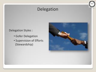 Delegation



Delegation Styles :
   • Gofer Delegation
   • Supervision of Efforts
    (Stewardship)
 