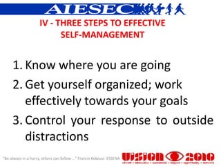 IV - THREE STEPS TO EFFECTIVE
                           SELF-MANAGEMENT


     1. Know where you are going
     2. Get yourself organized; work
        effectively towards your goals
     3. Control your response to outside
        distractions
“Be always in a hurry, others can follow ...” Francis Kokouvi ESSENA
 