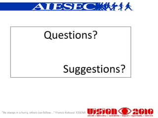Questions?

                                                 Suggestions?


“Be always in a hurry, others can follow ...” Francis Kokouvi ESSENA
 