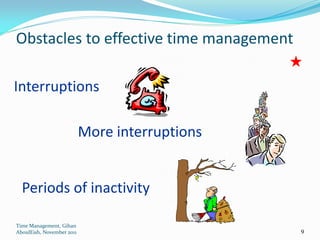 Obstacles to effective time management

Interruptions

                           More interruptions


  Periods of inactivity

Time Management, Gihan
AboulEish, November 2011                        9
 