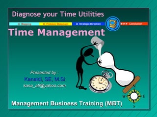 Diagnose your Time Utilities
  Ω Mapping     Ω Problem Statement   Ω Strategic Direction   ►►► Conclusion



Time Management



          Presented by :
      Kanaidi, SE, M.Si
     kana_ati@yahoo.com



Management Business Training (MBT)
 