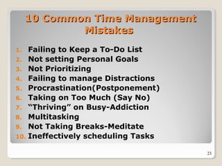 23
10 Common Time Management10 Common Time Management
MistakesMistakes
1. Failing to Keep a To-Do List
2. Not setting Personal Goals
3. Not Prioritizing
4. Failing to manage Distractions
5. Procrastination(Postponement)
6. Taking on Too Much (Say No)
7. “Thriving” on Busy-Addiction
8. Multitasking
9. Not Taking Breaks-Meditate
10. Ineffectively scheduling Tasks
 
