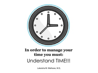 In order to manage your time you must:<br />Understand TIME!!!<br />Lakeisha M. Mathews, M.S.<br />