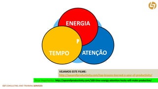 CLT CONSULTING AND TRAINING SERVICES 
ATENÇÃO 
ENERGIA 
TEMPO 
P 
VEJAMOS ESTE FILME: 
http://ayearofproductivity.com/top-lessons-learned-a-year-of-productivity/ 
Dicas importantes: http://ayearofproductivity.com/100-time-energy-attention-hacks-will-make-productive/  