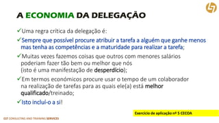 CLT CONSULTING AND TRAINING SERVICES 
A ECONOMIADA DELEGAÇÃO 
Uma regra crítica da delegação é: 
Sempre que possível procure atribuir a tarefa a alguém que ganhe menos mas tenha as competências e a maturidade para realizar a tarefa; 
Muitas vezes fazemos coisas que outros com menores saláriospoderiam fazer tão bem ou melhor que nós(isto é uma manifestação de desperdício); 
Em termos económicos procure usar o tempo de um colaboradorna realização de tarefas para as quais ele(a) está melhor qualificado/treinado; 
Isto incluí-o a si! 
Exercício de aplicação nº 5 CECOA  