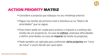 CLT CONSULTING AND TRAINING SERVICES 
ACTION PRIORITY MATRIZ 
Considere o projectoque esboçou no seu mindmapanterior. 
Pegue nas tarefas de primeiro nível e distribua-as na “Matriz de prioridades” que se segue; 
Esta matriz pode ser usada para analisar o impacto e o esforço das tarefas de um projecto(e, no caso do esforço, antecipar dificuldades e definir prioridades no caso do impactoda tarefa no projecto); 
Pode também ser aplicada para confrontar vários projectosem “cima da mesa” e assim decidir por qual optar.  